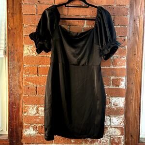 GB Square Neck Stretch Satin Puff Sleeve Mini Dress in Black LBD Party Sz M